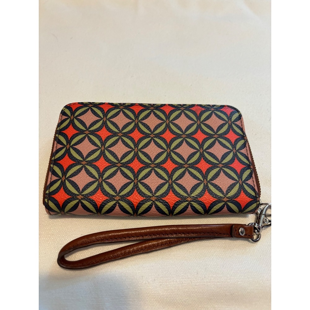 Fossil Logan Zip Around Clutch Wallet Geometric Circle Print Orange Green Brown